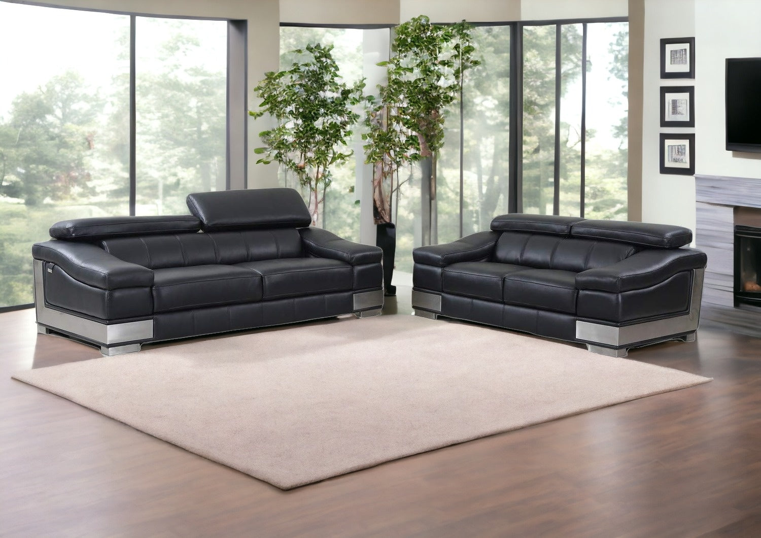92" Black And Silver Italian Leather Sofa