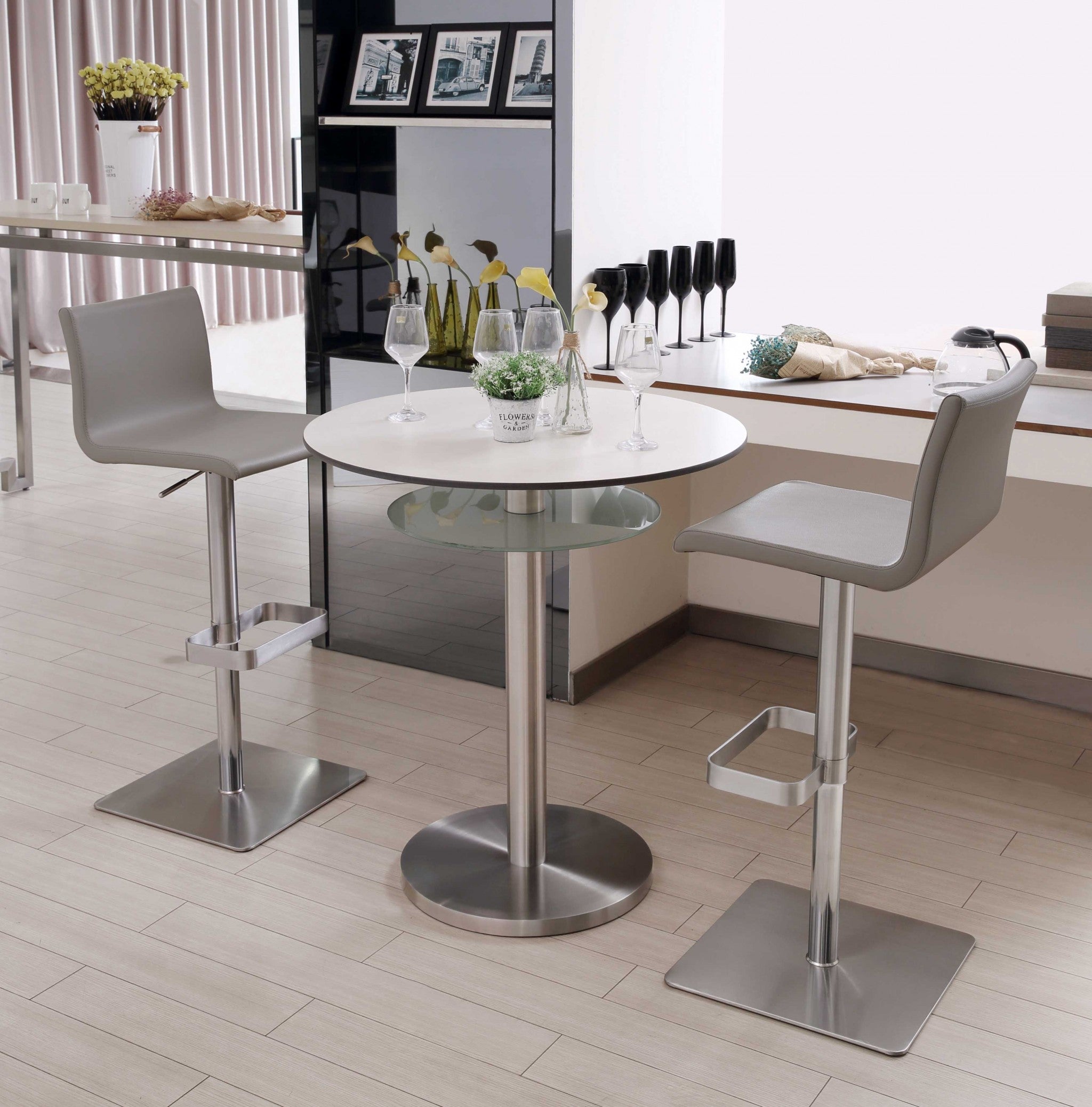 26" Light Gray And Silver Stainless Steel Counter Height Bar Chair