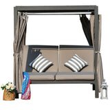 161.85" X 71.37" X 8.58" Gray Outdoor Steel Metal Adjustable Day Bed With Canopy And Taupe Cushions