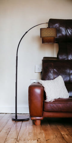 71" Black Arched Floor Lamp With Brown Drum Shade