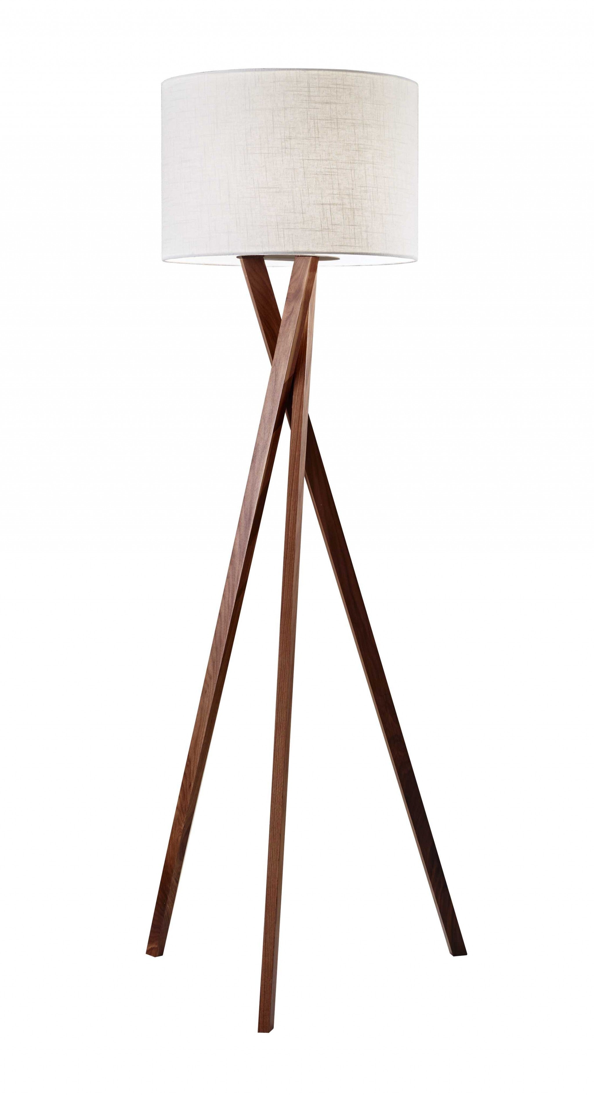 63" Solid Wood Tripod Floor Lamp With White Drum Shade