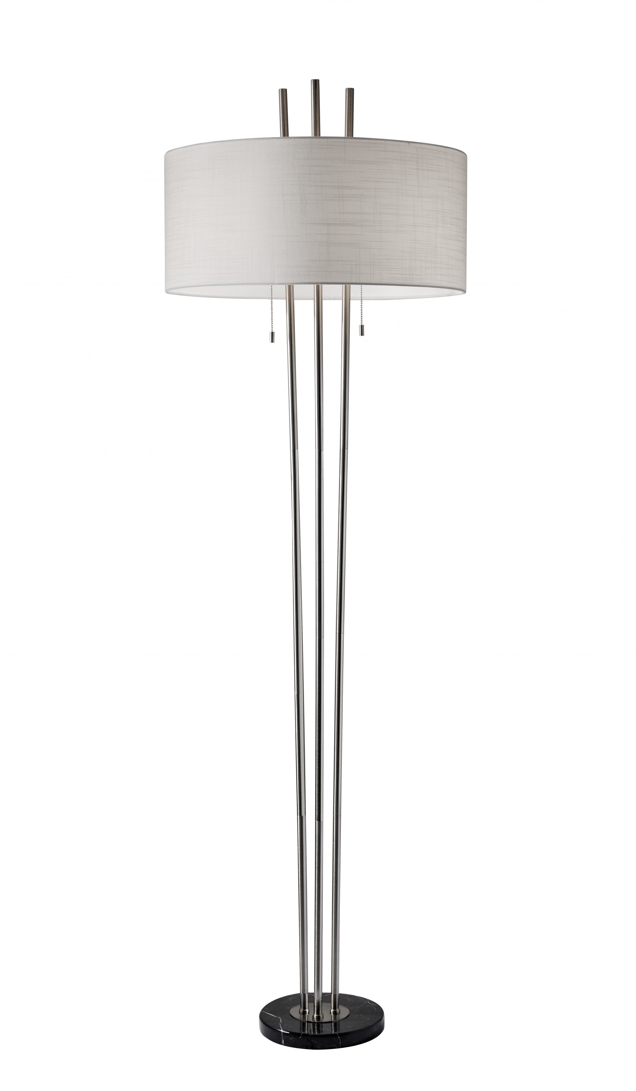 71" Two Light Three Pole Floor Lamp With White Fabric Drum Shade