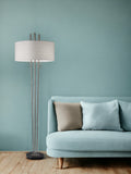 71" Two Light Three Pole Floor Lamp With White Fabric Drum Shade