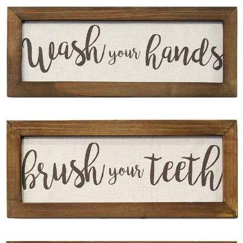 Set Of 3 Linen Bathroom Rules Wood Framed Wall Art