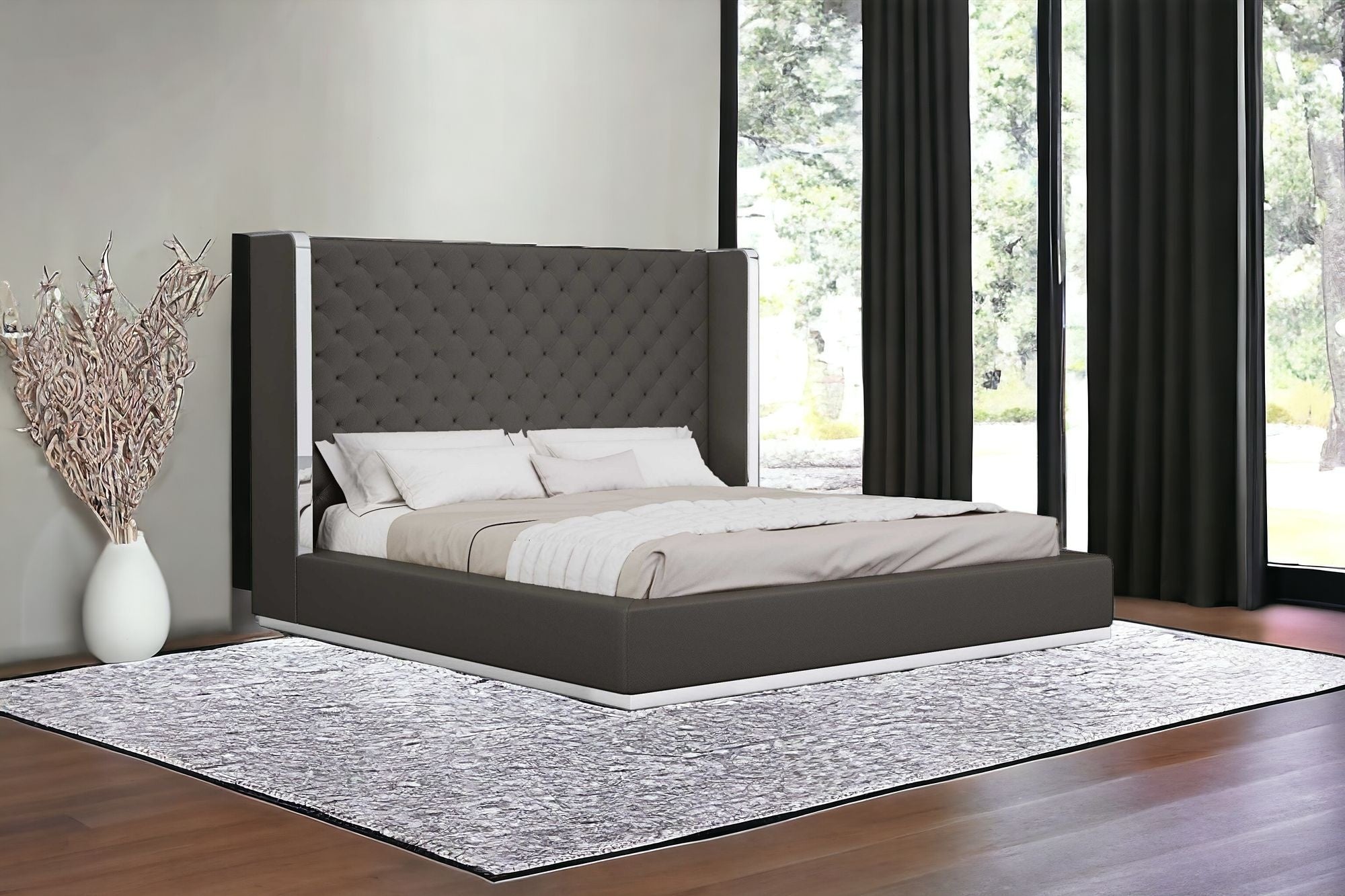 King Tufted Dark Gray And Gray Upholstered Faux Leather Bed