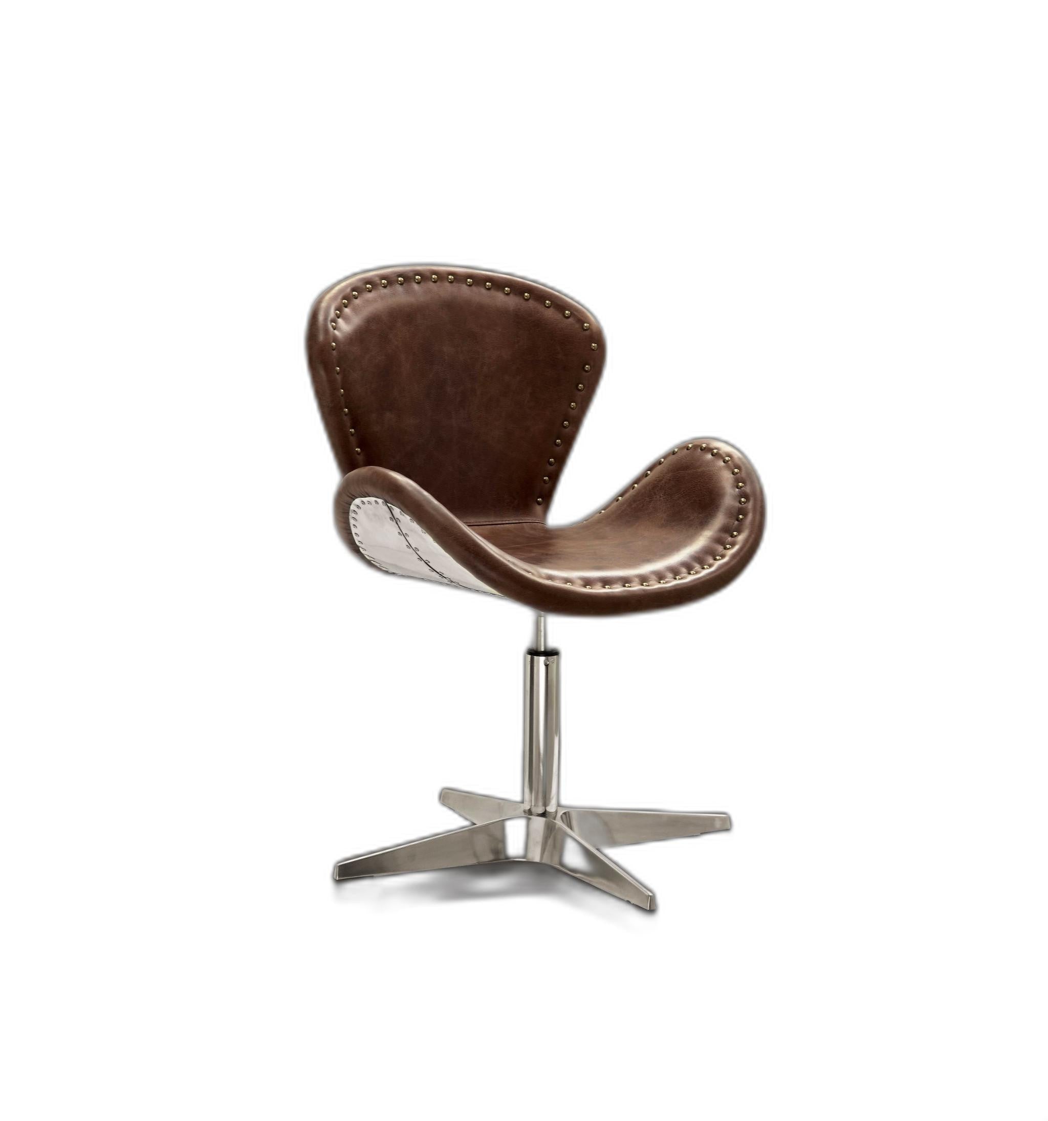 25" Brown And Silver Faux Leather Distressed Swivel Side Chair