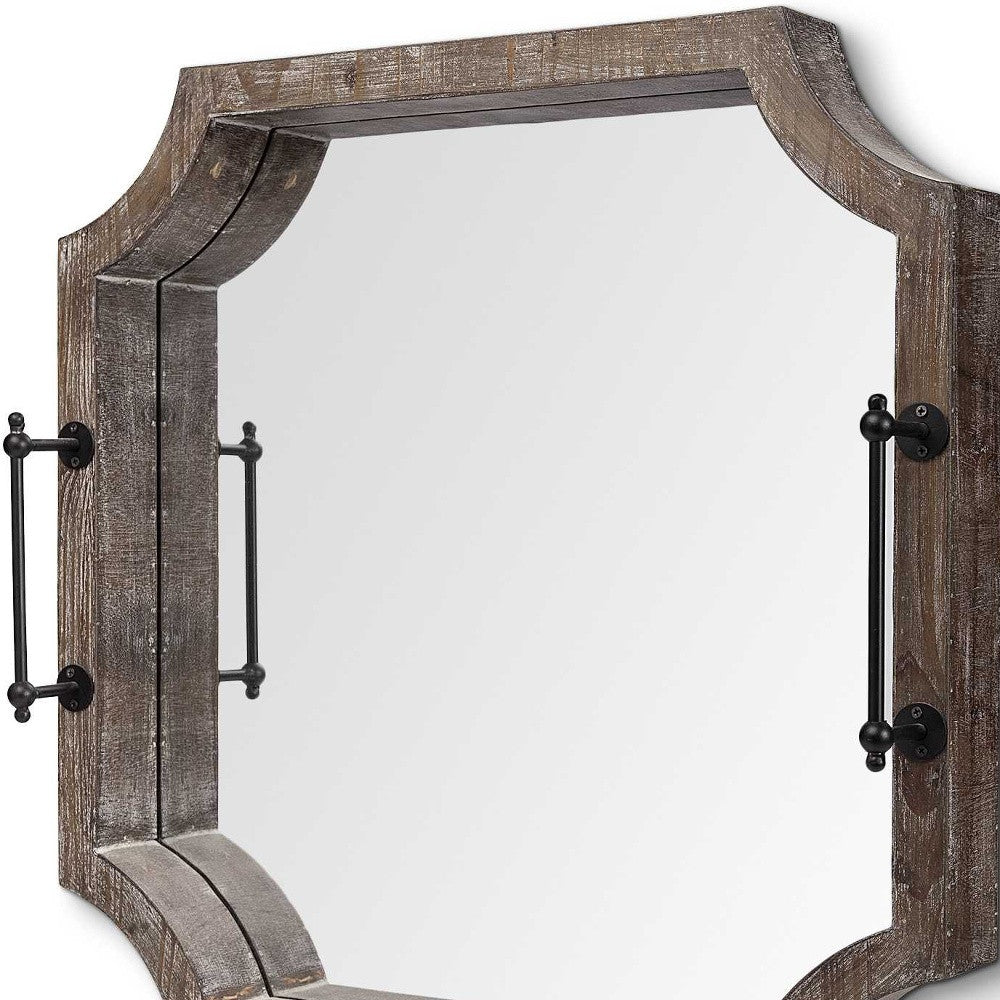 Rustic Antique Wash Finish Wood With Mirrored Glass Bottom And Metal Handle Tray
