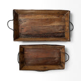 Set Of 2 Medium Brown Recycled Wood With Flaunt Metal Handles Trays
