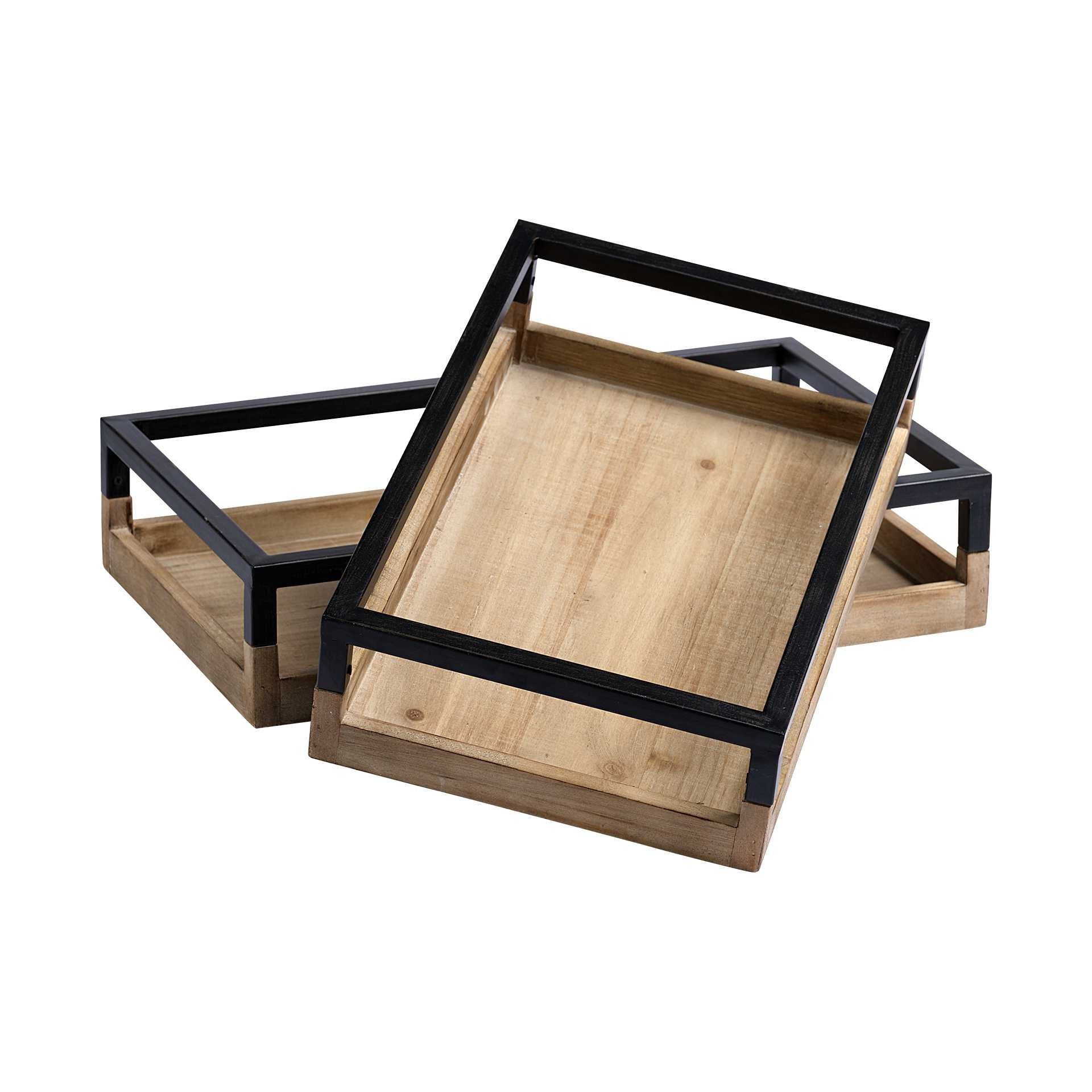 Set Of 2 Natural Finish With Black Nesting Wood Accent Trays