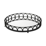 20" Matte Black Metal Half Circles And Mirrored Glass Round Tray