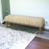 55" Cream and Wood Brown Upholstered Polyester Blend Bench