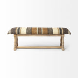 14" Beige and Gray and Brown Upholstered Cotton Blend Striped Bench