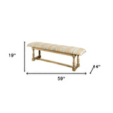 59" Orange and Ivory and Brown Upholstered Cotton Blend Trellis Bench