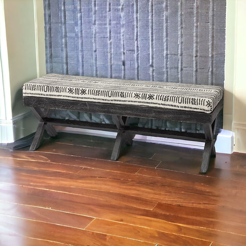 16" Gray and White and Black Upholstered Cotton Blend Bench