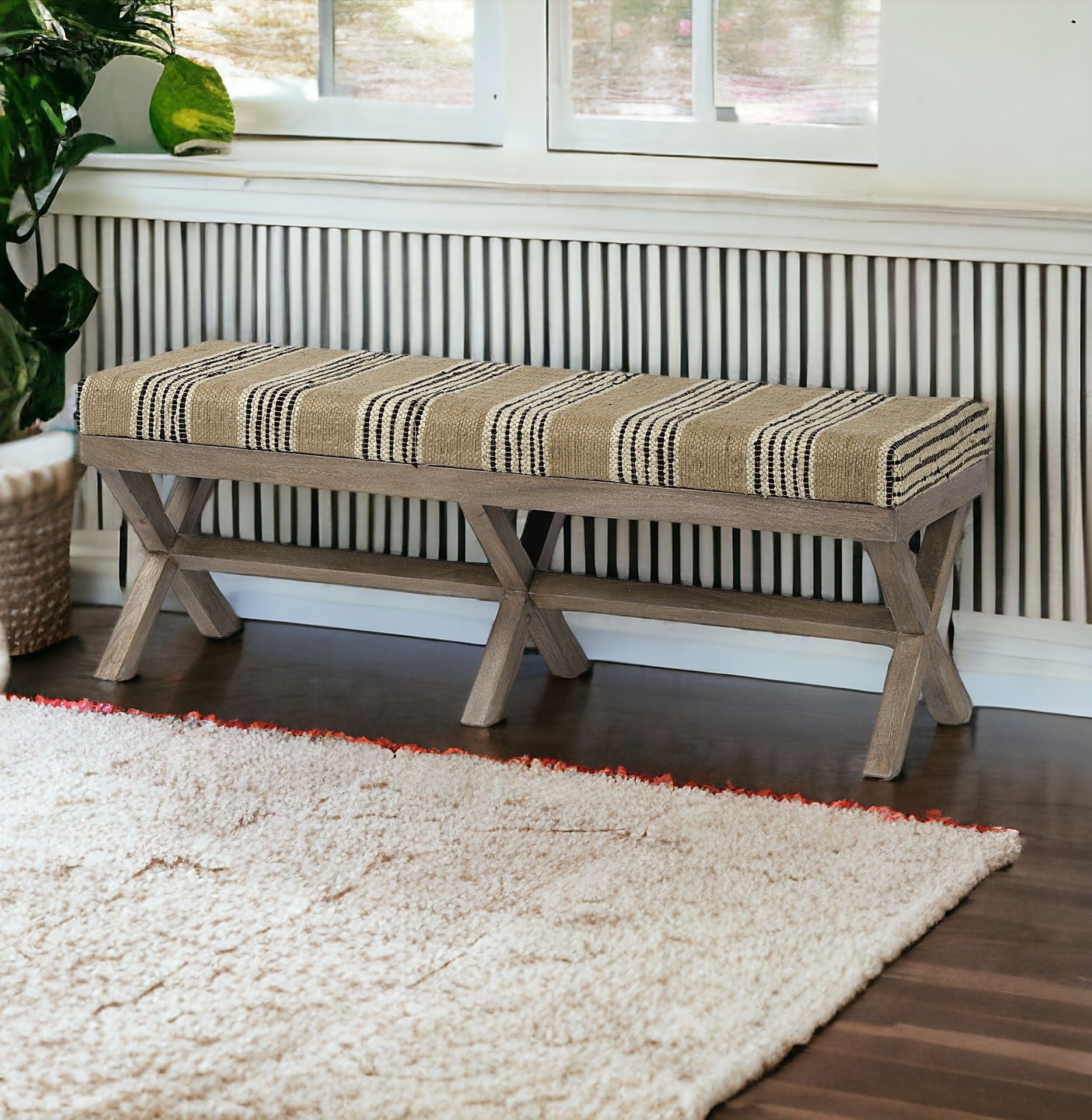 16" Beige And Brown Upholstered Cotton Blend Bench