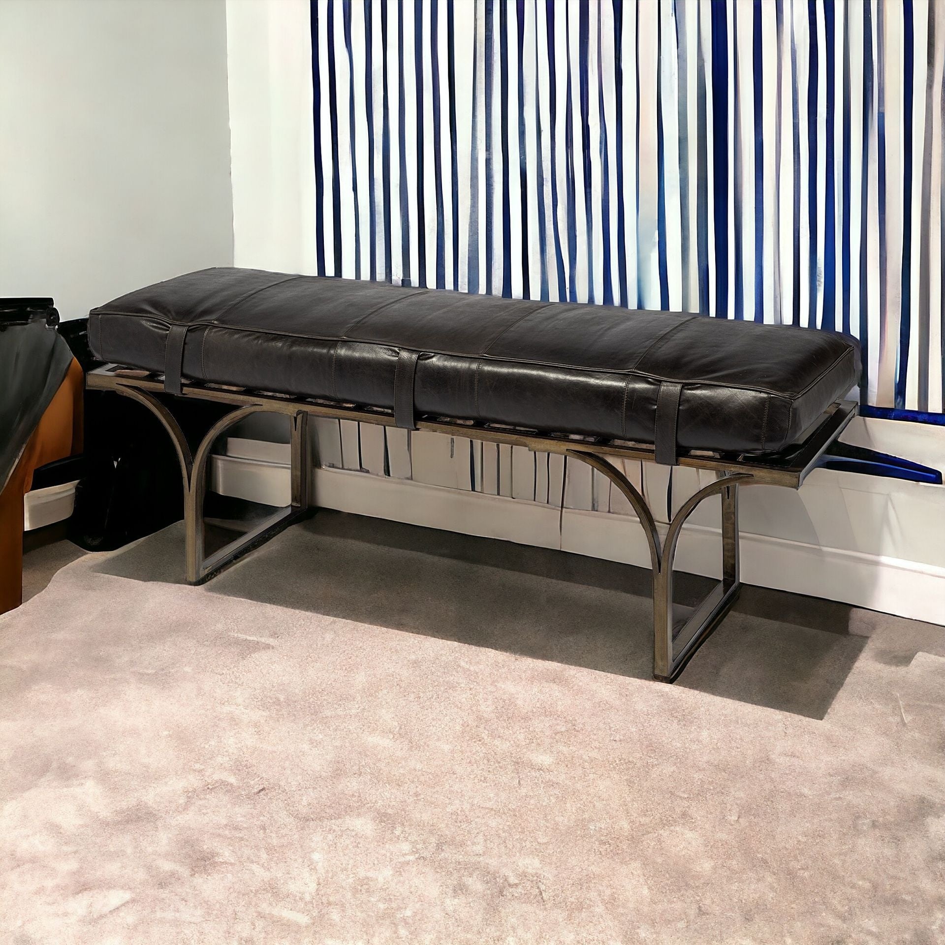 16" Black And Antiqued Brass Upholstered Genuine Leather Bench