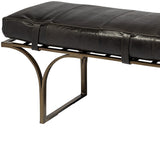 16" Black And Antiqued Brass Upholstered Genuine Leather Bench