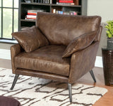 33" Brown And Silver Faux Leather Distressed Arm Chair