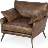 33" Brown And Silver Faux Leather Distressed Arm Chair