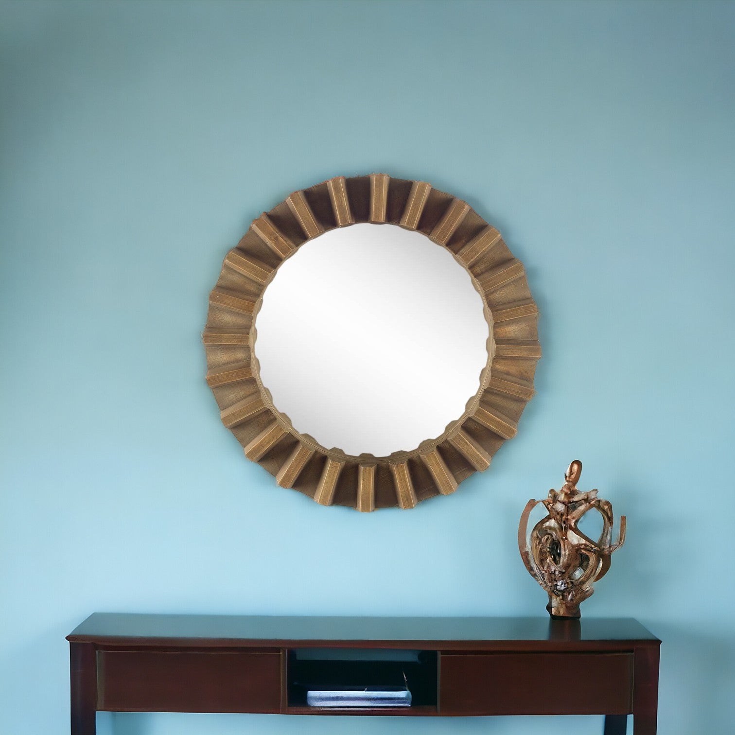 26" Round Brown Wood Frame Wall Mirror