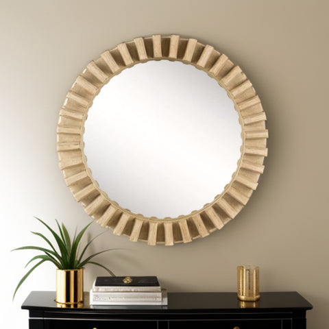 35" Round Natural Brown Wood Frame Wall Mirror