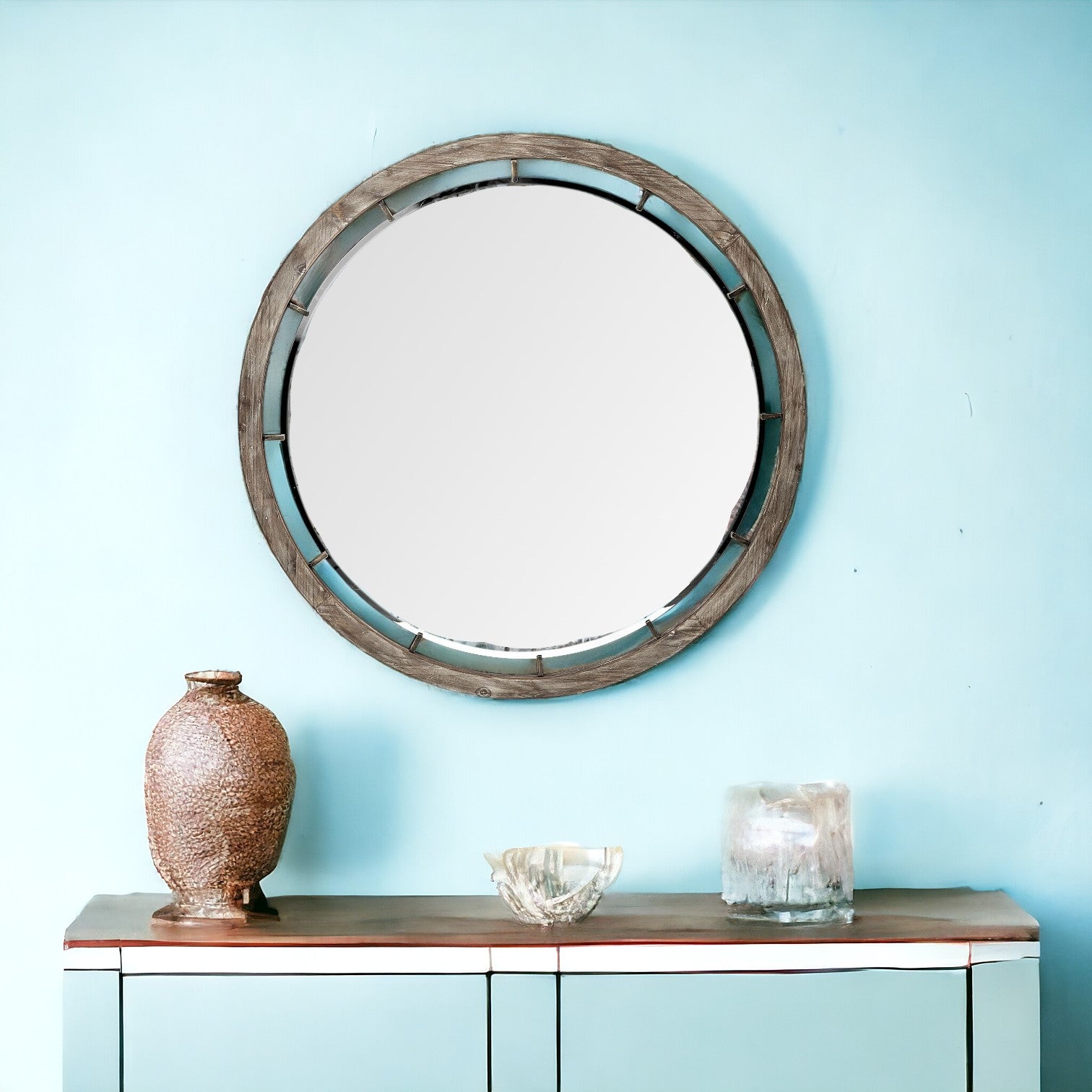 46" Round Brown Wood Frame Wall Mirror