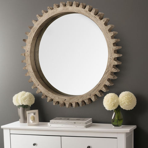 35" Round Natural Wood Frame Wall Mirror