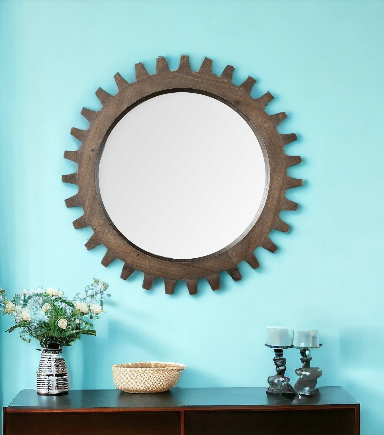 26" Round Natural Wood Frame Wall Mirror