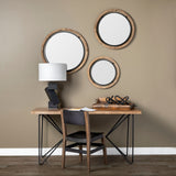 19" Brown Wood And Black Metal Frame Wall Mirror