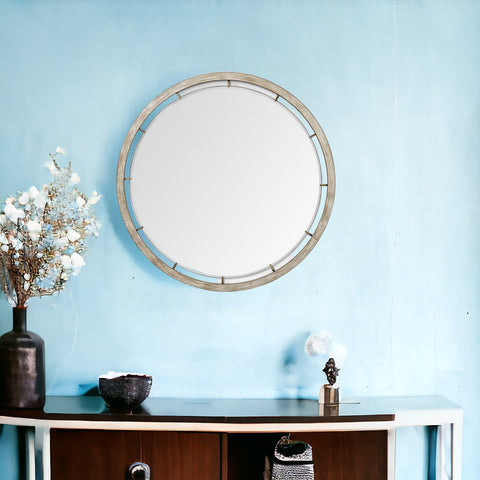 54" Round Brown Wood Frame Wall Mirror