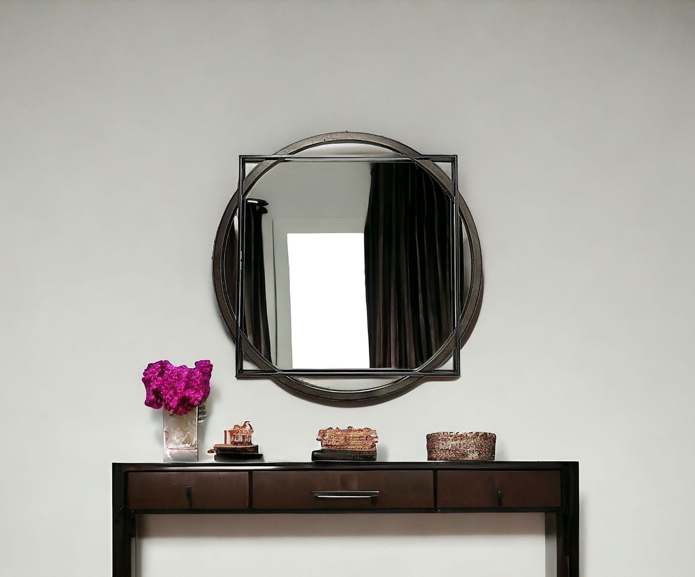 46" Round on Square Black Wood And Metal Frame Wall Mirror