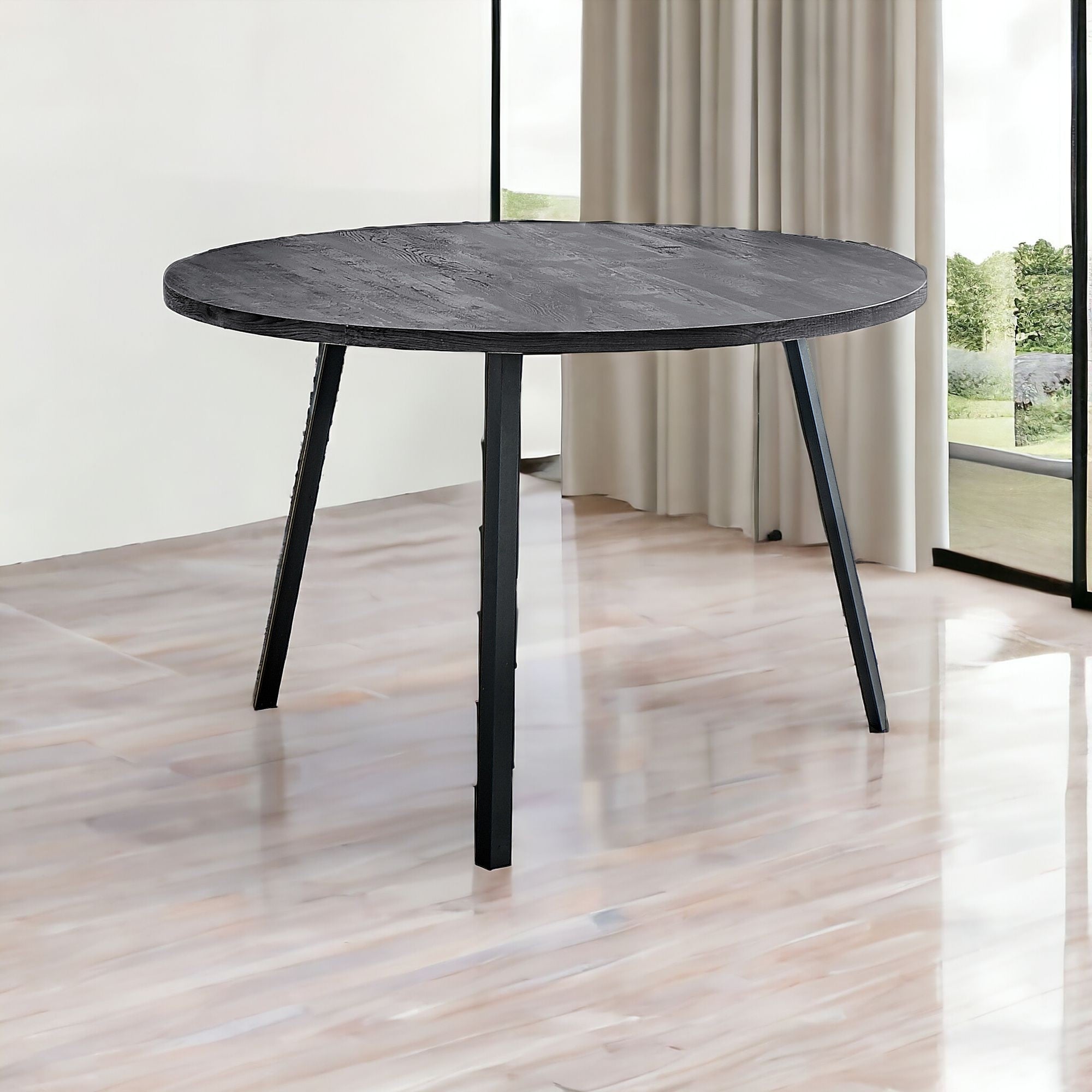 48" Round Dining Room Table With Black Reclaimed Wood And Black Metal