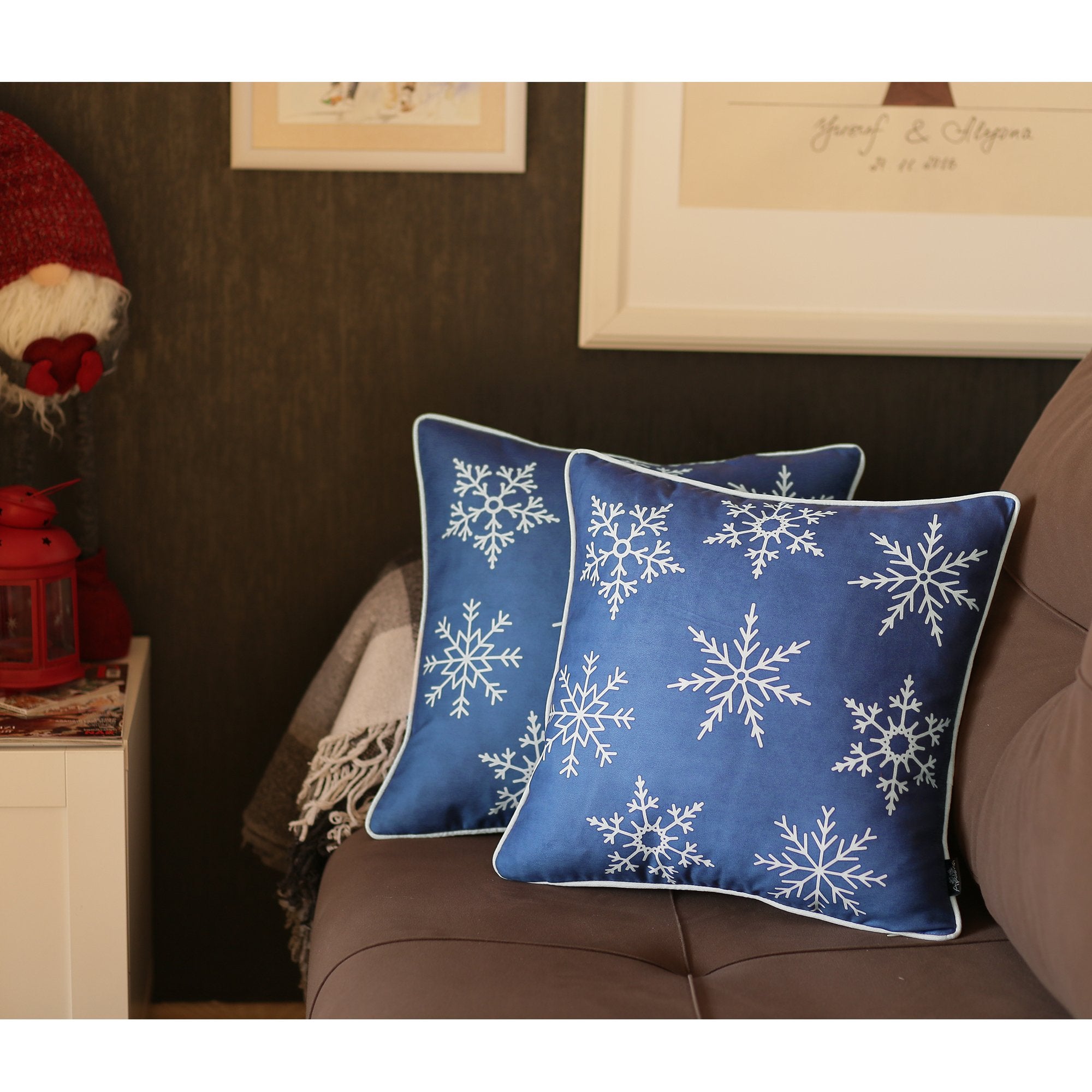 Set Of Two Blue 18" Holiday Snowflakes Throw Pillow Covers