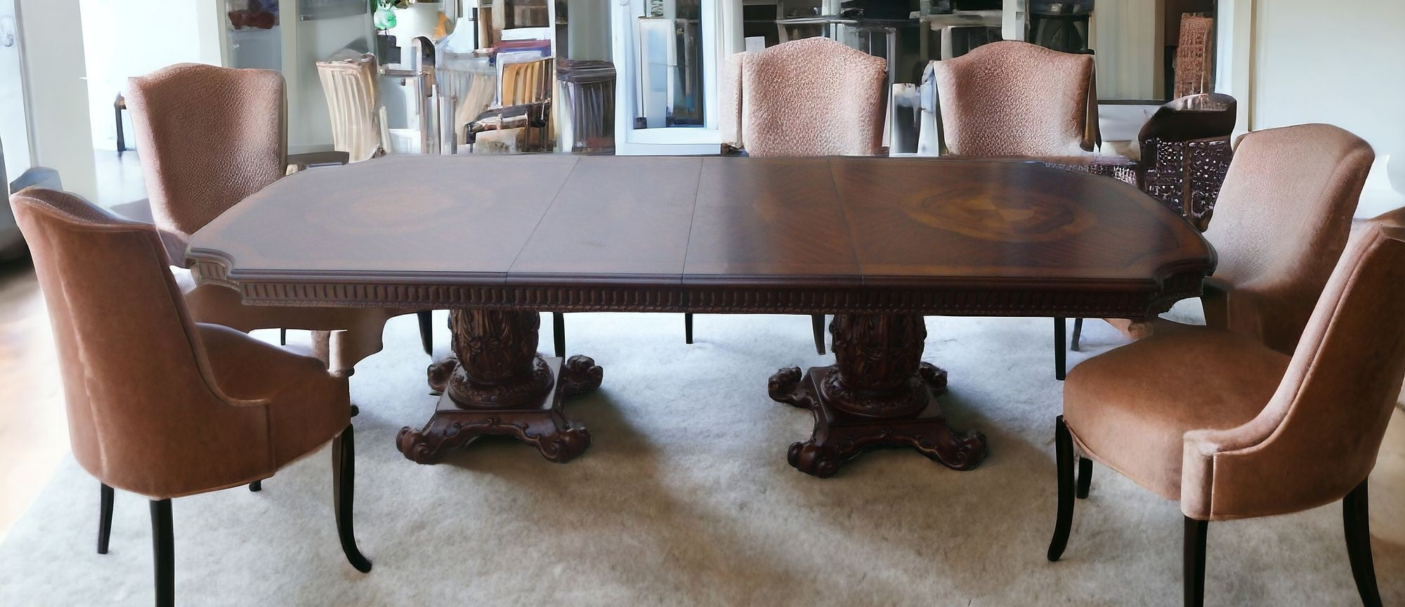 Wooden Top Cherry  Dining Table With Wood Carving Details