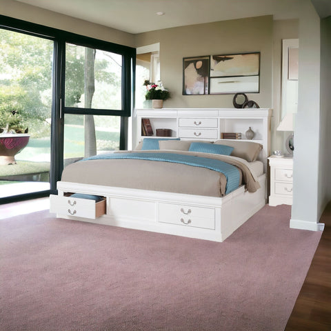 White Wooden Queen Bed With Storage