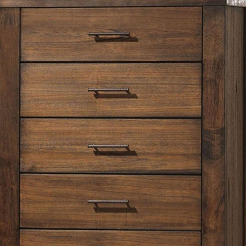 48" Oak Finish 5 Drawer Chest Dresser With Brass Metal Hardware