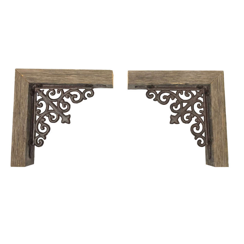 Set Of Two Natural Weathered Gray Wood And Metal Corbels.