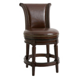 25" Dark Brown Faux Leather And Solid Wood Swivel Counter Height Bar Chair