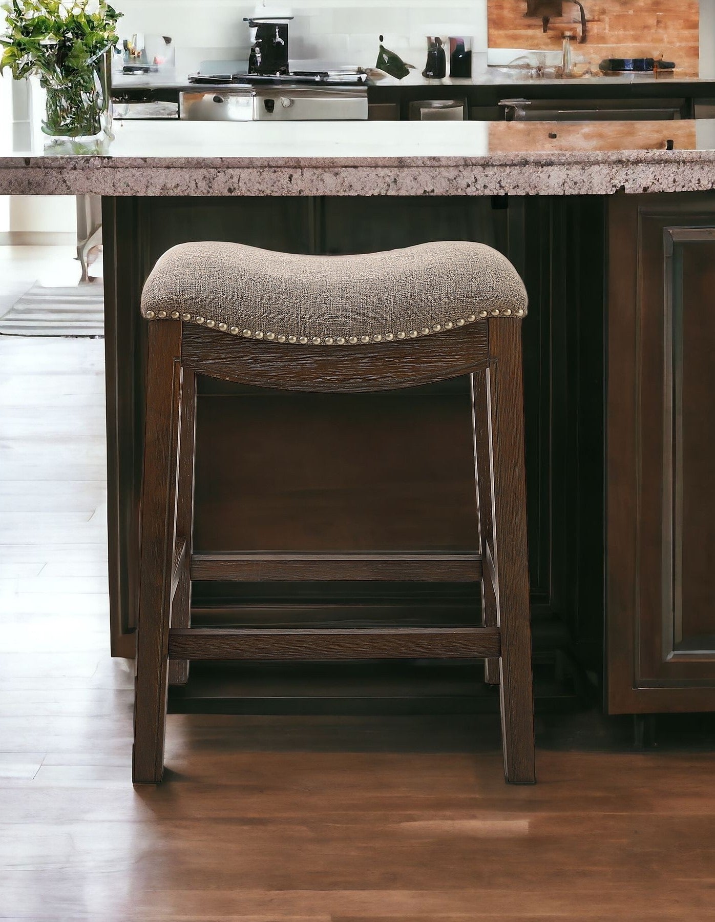 26" Taupe And Wood Brown Solid Wood Backless Counter Height Bar Chair