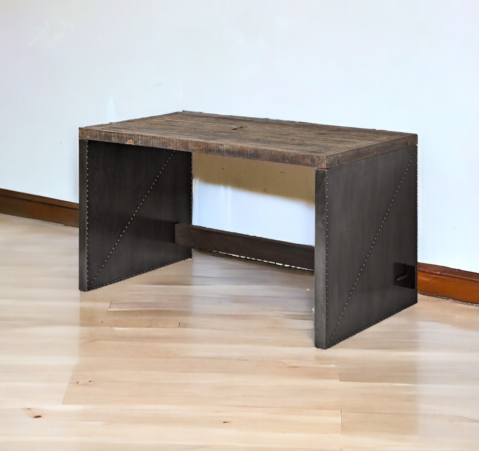 Dark Brown Solid Reclaimed Wood Office Desk With Metal Cladded Frame