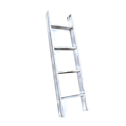 49" Whitewash Rustic Four Step Wood Ladder Shelf