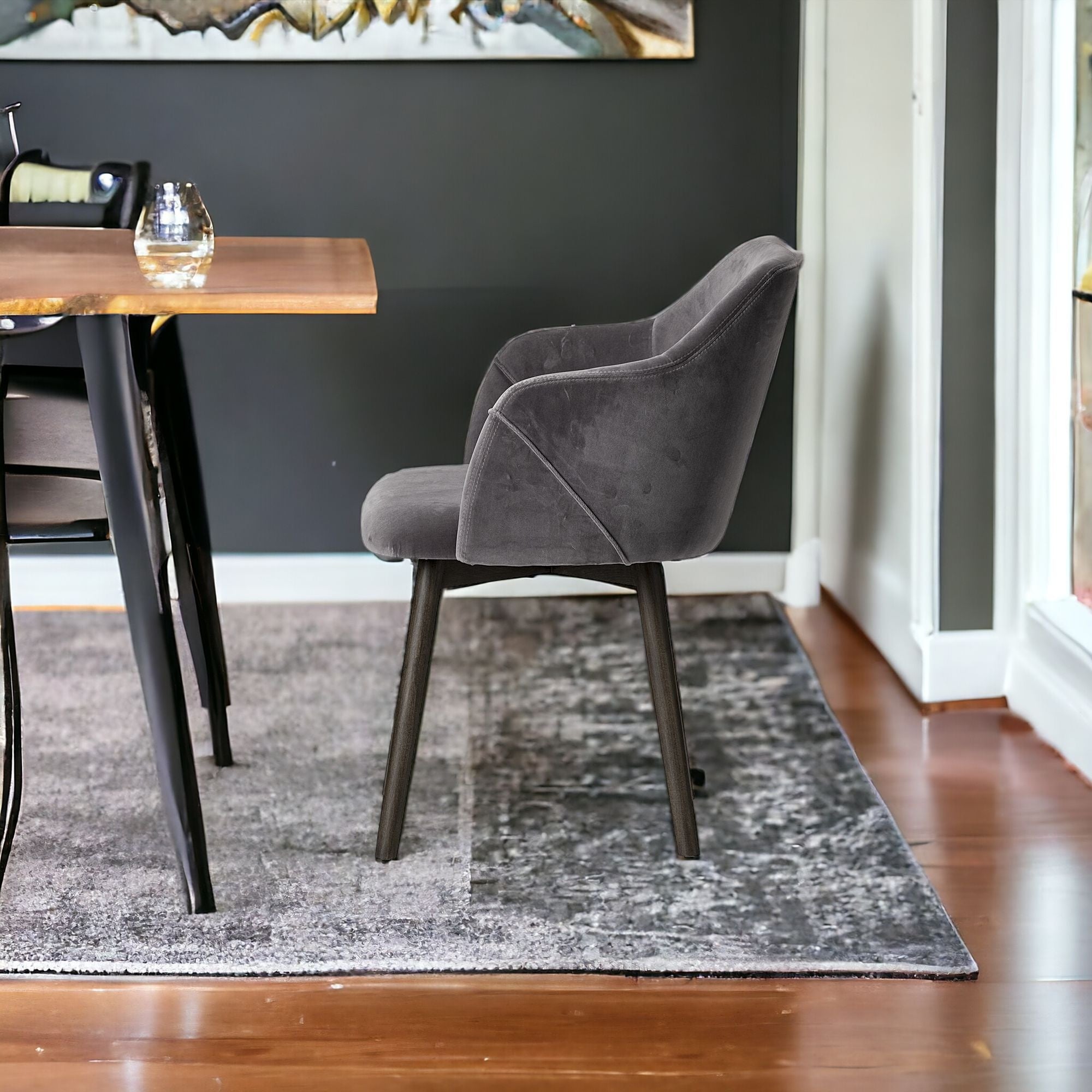 Grey Velvet Wrap With Black Wooden Base Dining Chair