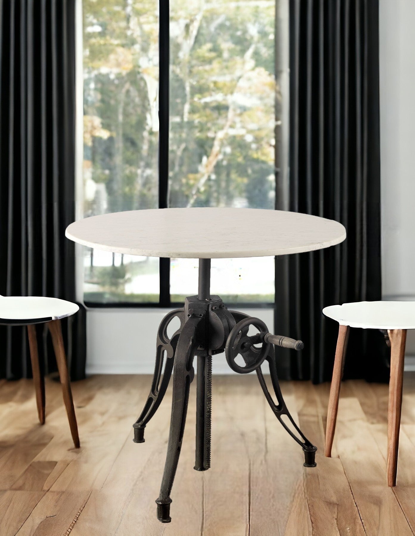30" Round White Marble Top With Black Metal Base Dining Table