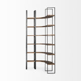 Curved Dark Brown Wood And Black Iron 6 Shelving Unit