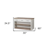 White And Brown Two Tone Wooden Kitchen Island With 3 Drawers