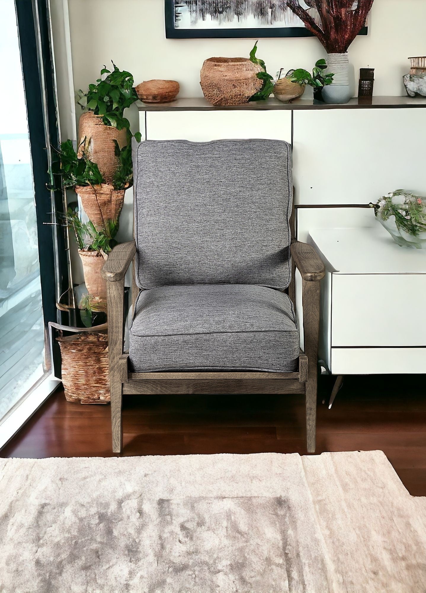 Grey Fabric Wrapped Medium Brown Accent Chair With Wooden Frame