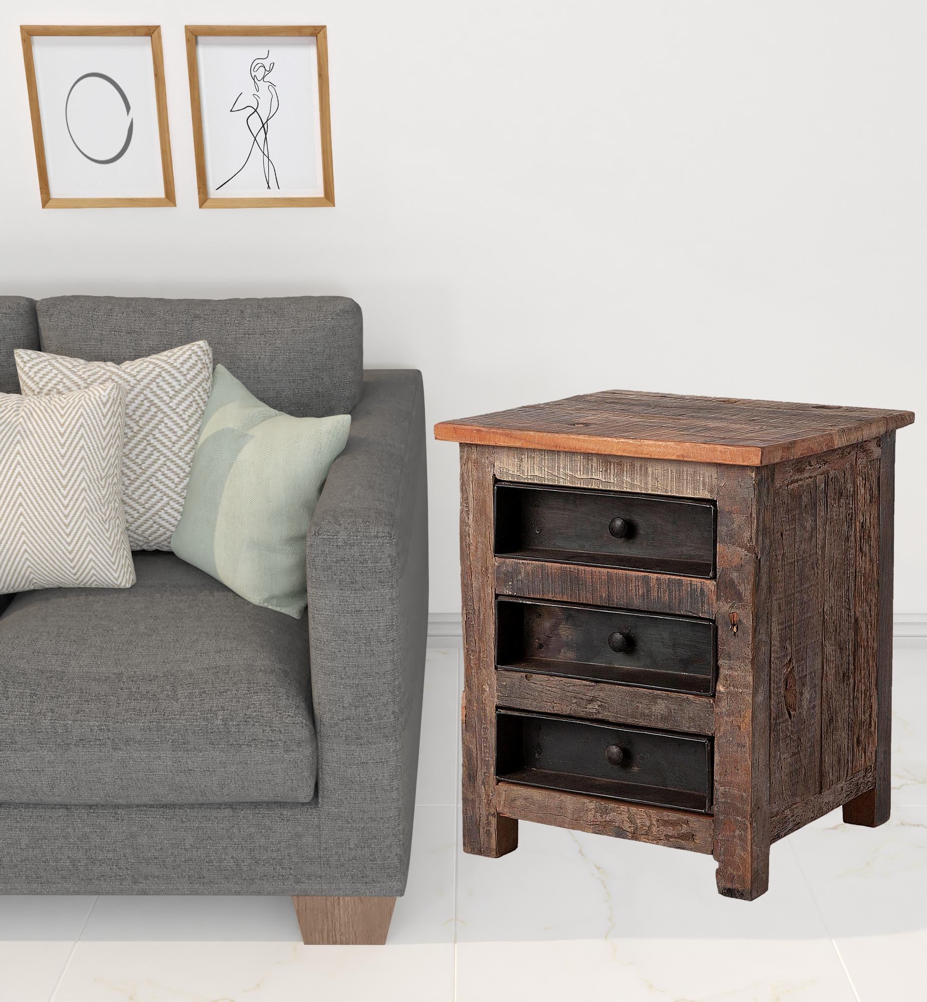 23" Brown Solid Wood Square End Table With Three Drawers