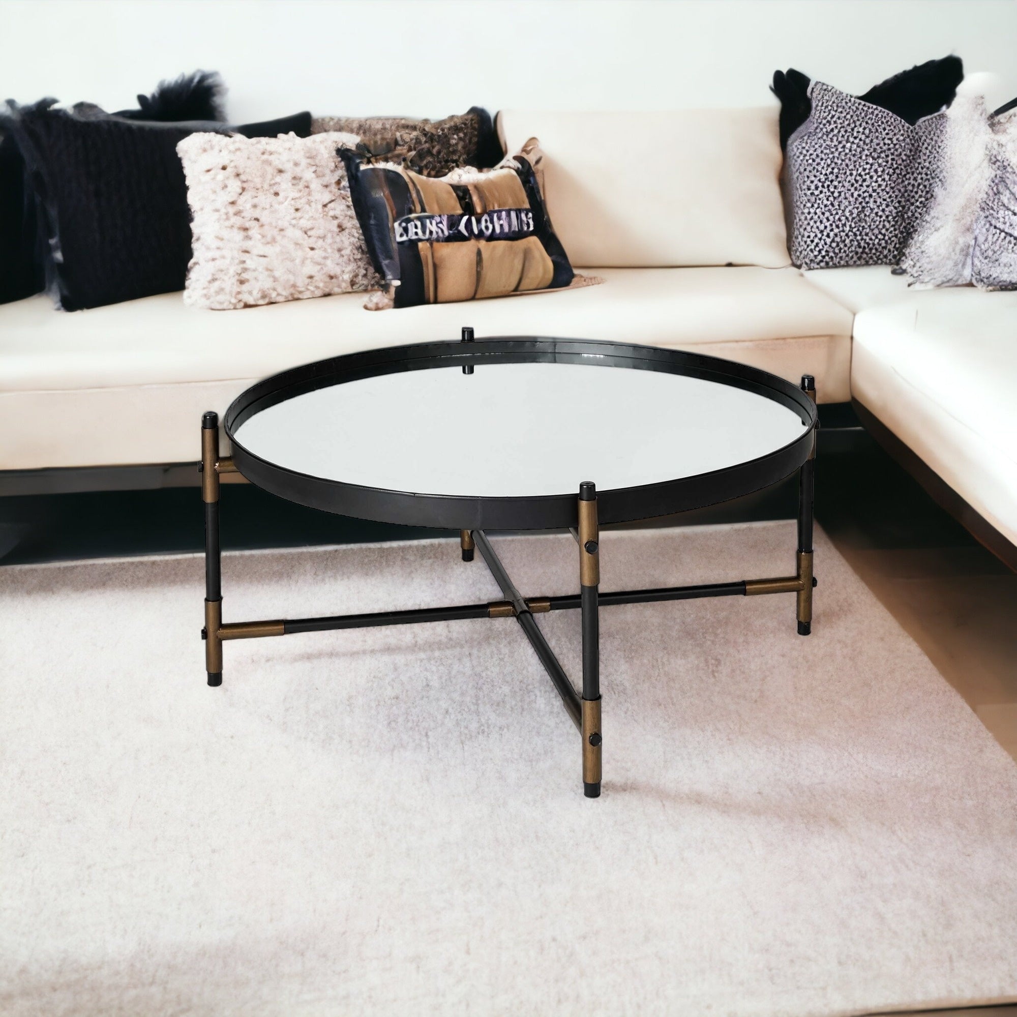 32" Black and Bronze Glass And Metal Round Coffee Table