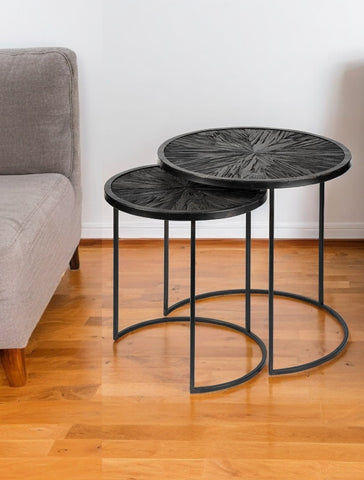 Set of Two 20" Black Iron Round End Table