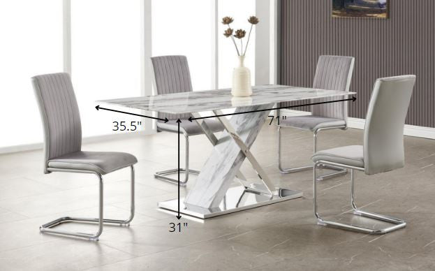 71" White Marble And Silver Rectangular Marble And Stainless Steel Dining Table